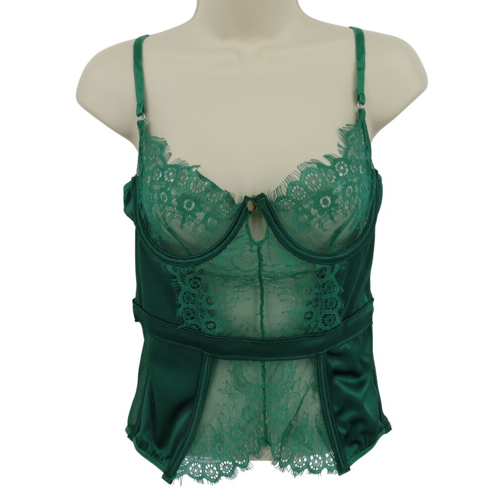 Lovely Lies Women S/M Small Medium Green Lace Mesh Boned Corset Tank Top Shirt